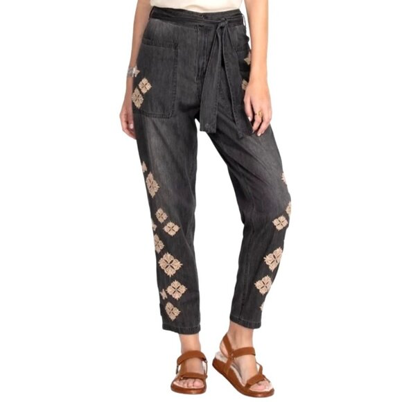 Johnny Was Women Sz Small Embroidered Floral Cotton Jade Black Pants Tie Waist - Picture 12 of 12